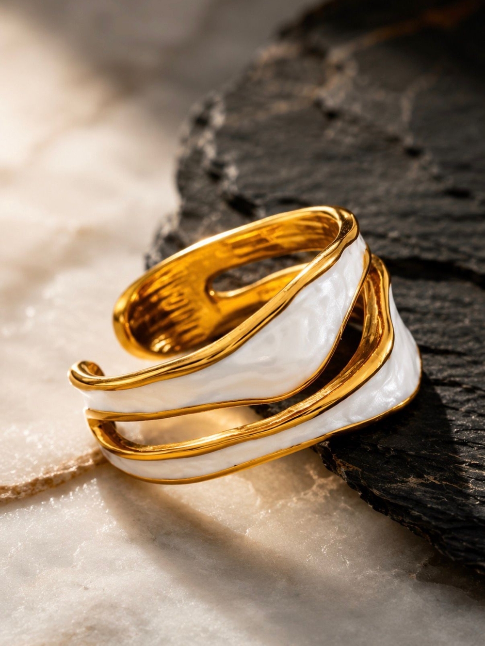 Flexible Gold and White Enamel Wave Ring - Picture 2 of 5